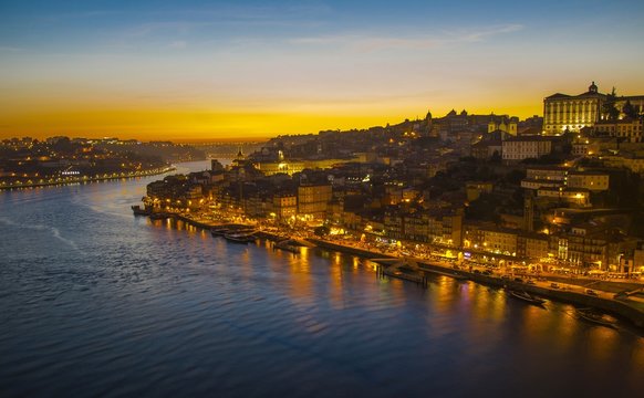 Porto view, Portugal (view of Ribeira and Douro river) at dusk