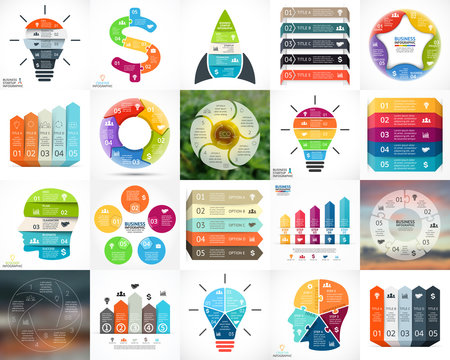 Vector circle infographics. Business diagrams, arrows graphs, blur linear presentations, idea cycle charts. Data options, parts, 5 steps. Bulb, brain, plus, eco, heart, lines, stairs.