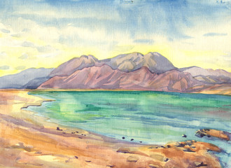 sea, mountains, lagoon,  Landscape. Watercolor painting - 104634802