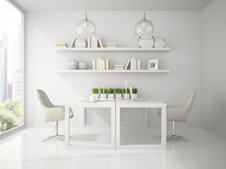 Interior of modern design office white color 3D rendering