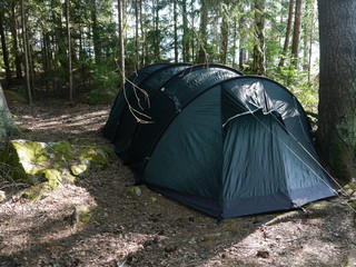 Tent pitched in a forest in Sweden