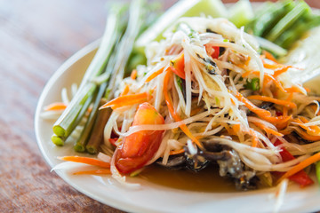 Som Tam is Thai delicious taste hot and spicy papaya salad with crab