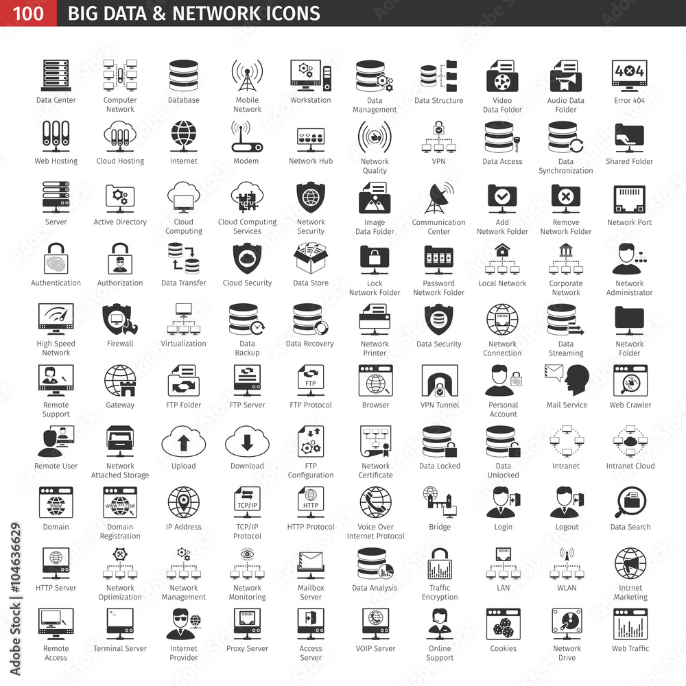 Poster network and database black icons set