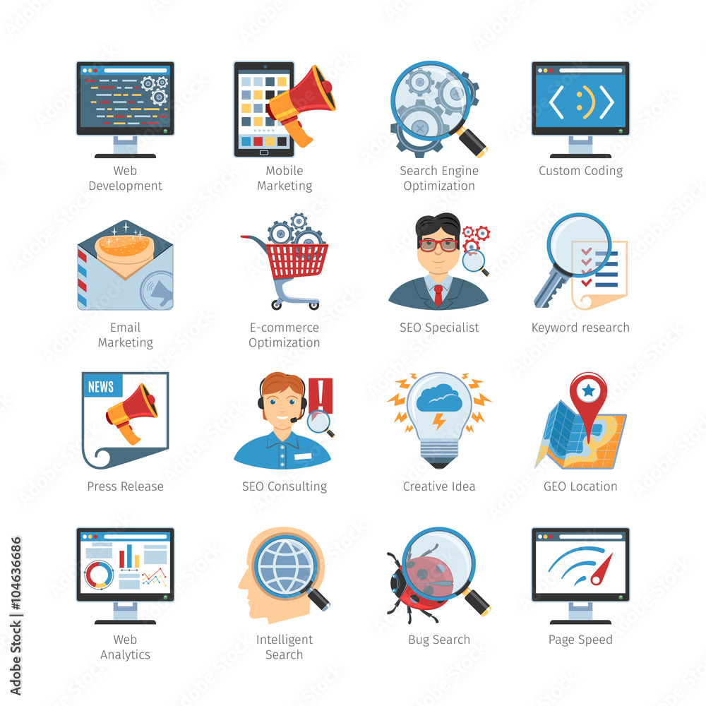 Poster seo and web development flat icons set