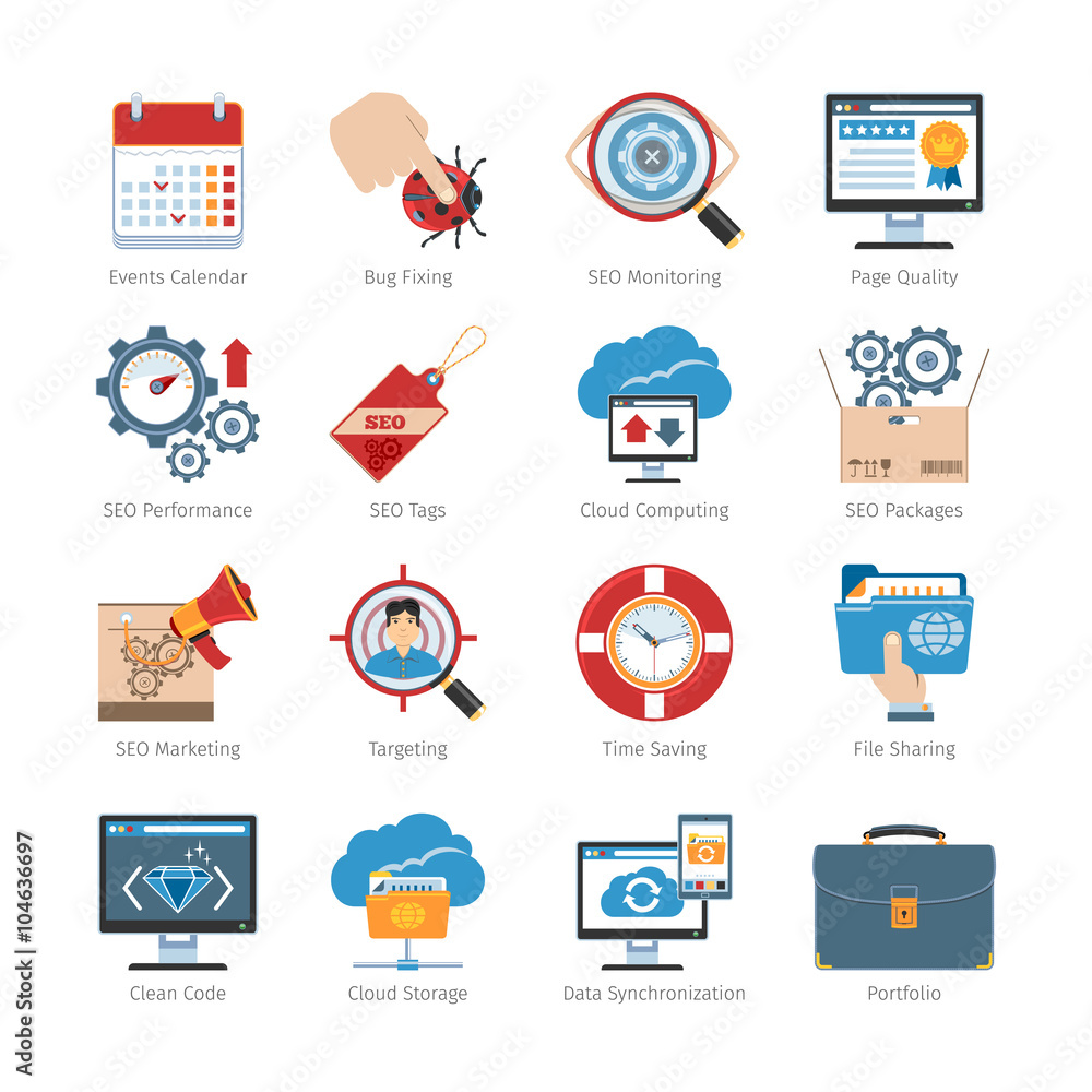 Poster web development and seo flat icons set