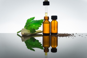 Celery seeds essential oil in amber bottle with dropper, with celery stick, seeds and leaf. - 104638663