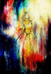 Fototapeta na wymiar sketch of mystical woman and stick in beautiful ornamental dress.