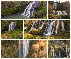 Collage con le foto della cascata delle Marmore in Umbria, Italia.