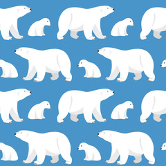 Vector seamless pattern with two polar bears, she-bear and teddy
