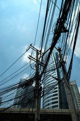 Messy electrical and optic fiber in Bangkok, Thailand