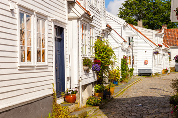 View to the traditional Norwegian white wooden houses in Stavanger, Norway.