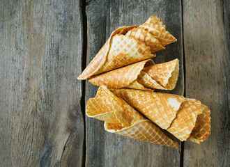 waffle cone on wooden surface