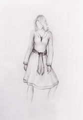 Standing figure woman, pencil sketch on paper.