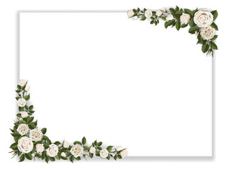 Fototapeta na wymiar White paper sheet decorated roses. Blank for Romantic greeting card or invitation.