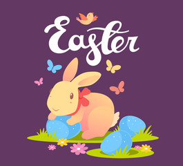 Vector illustration of Happy Easter greetings with yellow bunny
