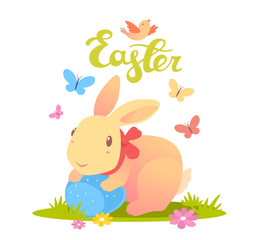 Vector illustration of Happy Easter greetings with yellow bunny