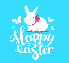 Obraz na płótnie Canvas Vector illustration of Happy Easter greetings with white bunny w