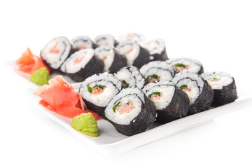 Closeup of sushi rolls with salmon