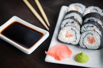 Sushi rolls with salmon