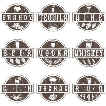 vintage grunge vector labels set of alcohol drinks