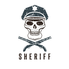 sheriff skull in cap and shotguns grunge vector design template