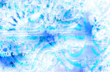 Winter abstract background and ornaments. Original painting and computer collage.