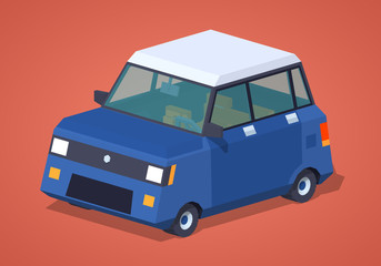 Modern blue hatchback against the red background. 3D lowpoly isometric vector illustration