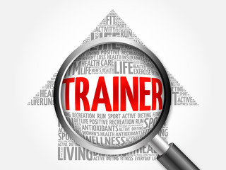 Trainer arrow word cloud with magnifying glass, health concept