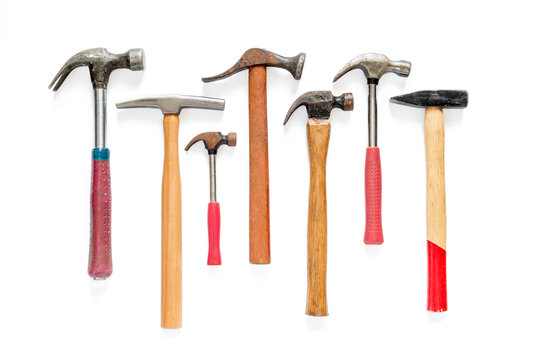 Hardware tools set of a seven hammers on isolated background