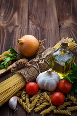 Tomato, uncooked pasta, garlic, parsley