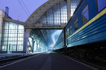 Obraz premium The train on the platform of railroad station in Lviv .
