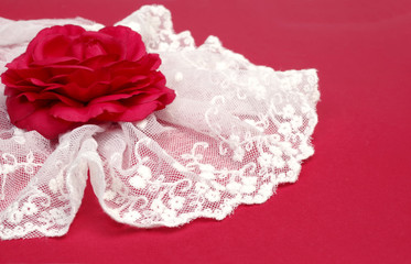 White lace and vine rose on red texturize background