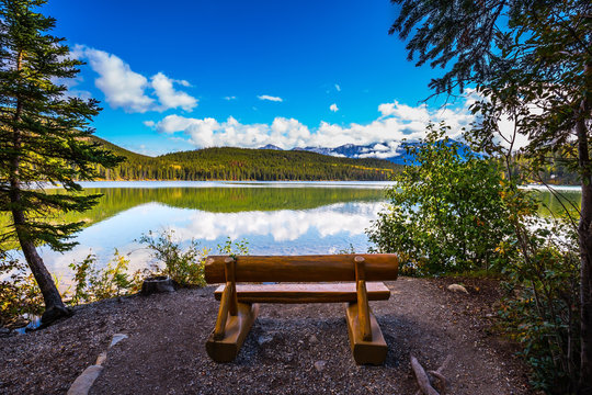 On the shore of lake - wooden benches
