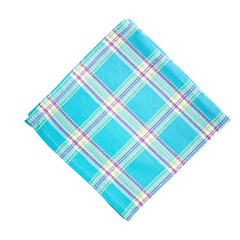 Stack of colorful dish towels isolated on white. Top view mockup