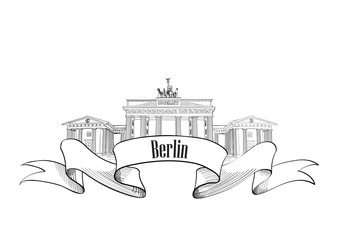 Berlin label. Famous german landmark Brandenburg gates Travel Germany symbol © Terriana