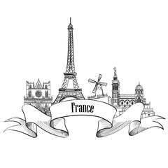 Obraz premium France label. Famous french architectural landmarks. Visit France background