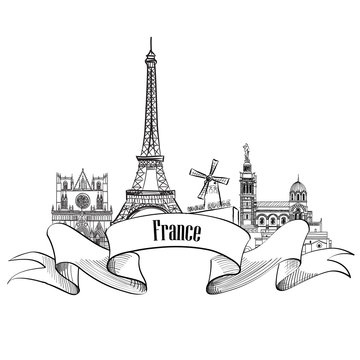 France label. Famous french architectural landmarks. Visit France background