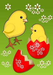 Yellow cute chicks with decorated eggshell on green meadow with white spring flowers, beautiful funny easter theme