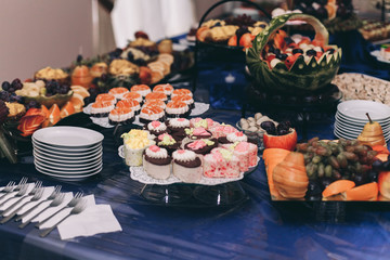 Different delicious desserts and cakes on the buffet table