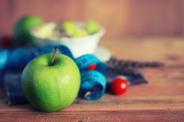 diet fruit apple centimeter wooden background