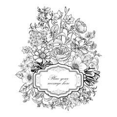 Flower bouquet. Floral frame. Flourish bouquet card. Floral background