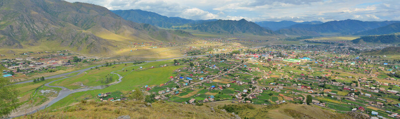 summer panorama of the village Ongudai, Altai, Siberia, Russia