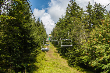 Cable way funicular to the mountains inside trees
