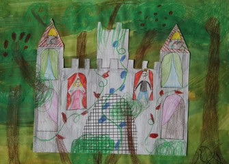 Kinderzeichnung / Collage : Mein Traumschloss mit Prinzessin und Prinz