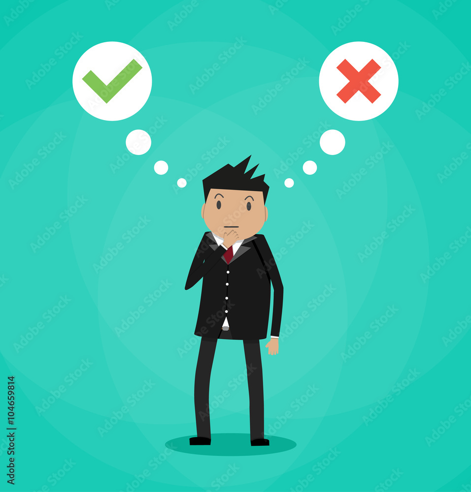 Poster man and speech bubbles with checkmarks