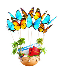 Flying butterflies carrying a basket with tropical island