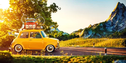 Poster Schattige kleine retro auto gaat bij zonsondergang over een prachtige plattelandsweg © ASTA Concept