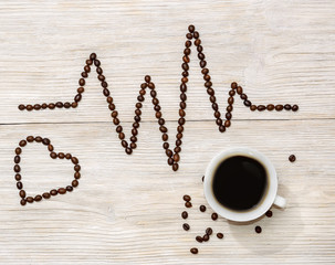 cardiogramme et coeur disposés en grains de café avec une tasse de café