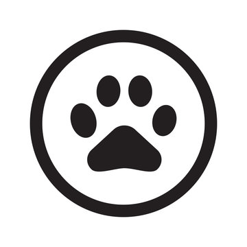 Flat black Paw Print web icon in circle on white background