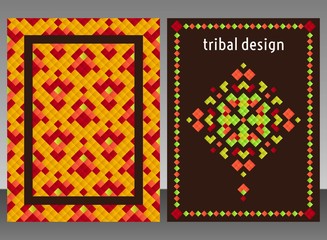 Vertical card with bright tribal geometric ornament. Vector background. Oriental motifs. Modern design elements with text template.
